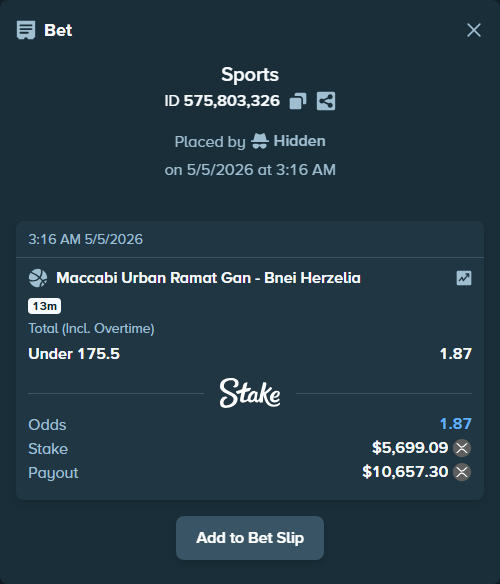Bet slip: Maccabi Ironi Ramat Gan - Bnei Herzliya Basket, $4,663.80 stake at 1.87 odds, placed by Hidden