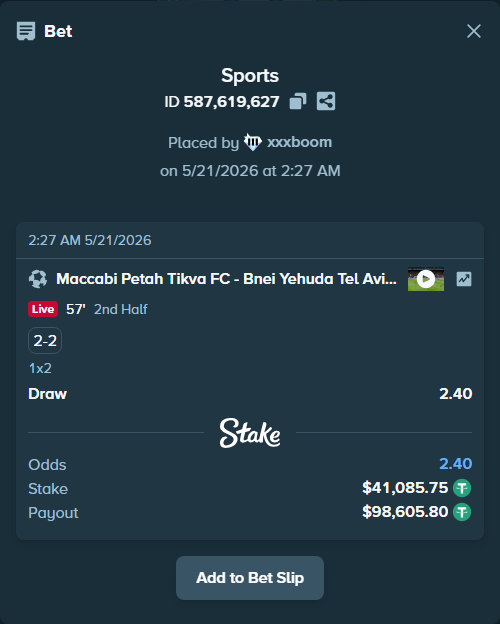 Bet slip: Maccabi Petah Tikva FC - Bnei Yehuda Tel Aviv FC, $41,126.84 stake at 2.40 odds, placed by xxxboom