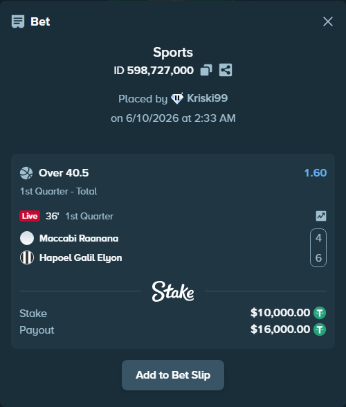 Bet slip: Maccabi Raanana - Hapoel Galil Elyon, $10,010.00 stake at 1.60 odds, placed by Kriski99