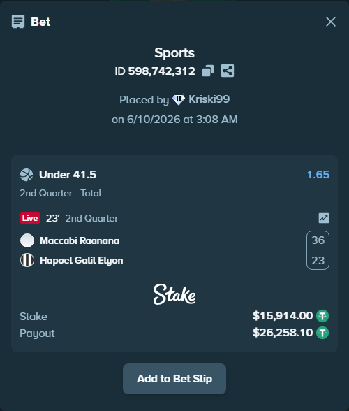 Bet slip: Maccabi Raanana - Hapoel Galil Elyon, $15,929.91 stake at 1.65 odds, placed by Kriski99