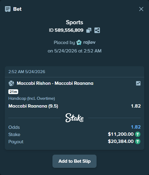 Bet slip: Maccabi Rishon LeZion - Maccabi Raanana, $11,211.20 stake at 1.82 odds, placed by rajlev