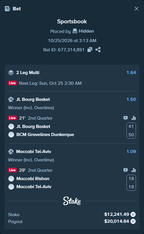 Bet slip: Maccabi Rishon LeZion - Maccabi Tel-Aviv, $12,570.90 stake at 1.09 odds, placed by Prettylfacko98