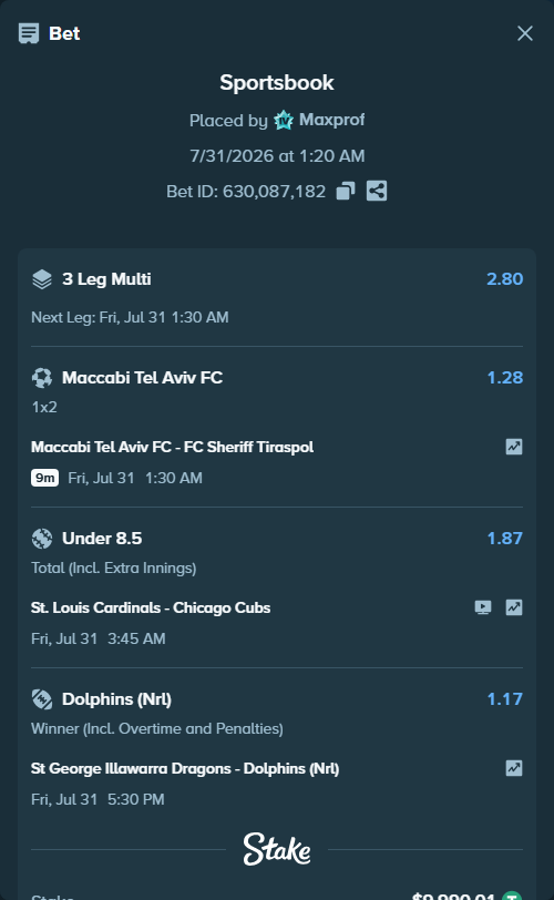 Bet slip: Maccabi Tel Aviv FC - FC Sheriff Tiraspol, $10,000.00 stake at 1.28 odds, placed by Maxprof