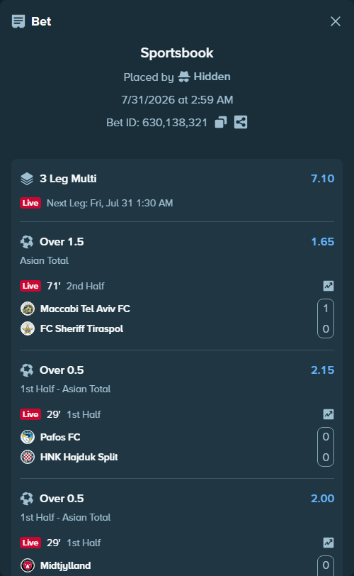 Bet slip: Maccabi Tel Aviv FC - FC Sheriff Tiraspol, $16,495.12 stake at 1.65 odds, placed by Hidden