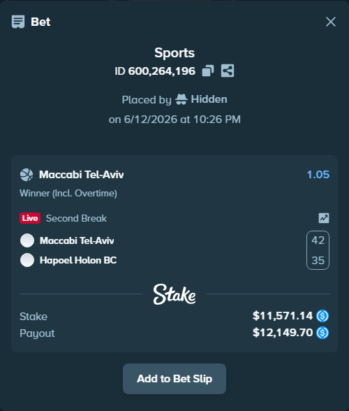 Bet slip: Maccabi Tel-Aviv - Hapoel Holon BC, $11,571.14 stake at 1.05 odds, placed by Hidden