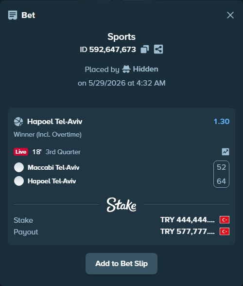 Bet slip: Maccabi Tel-Aviv - Hapoel Tel-Aviv, $13,333.32 stake at 1.30 odds, placed by Hidden