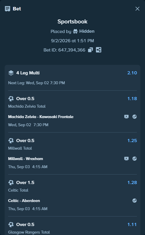Bet slip: Machida Zelvia - Kawasaki Frontale, $10,036.67 stake at 1.18 odds, placed by Hidden