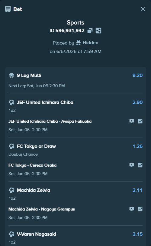 Bet slip: Machida Zelvia - Nagoya Grampus, $10,000.00 stake at 2.11 odds, placed by Hidden