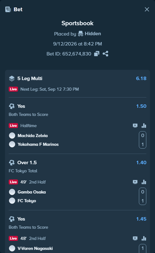 Bet slip: Machida Zelvia - Yokohama F Marinos, $86,000.00 stake at 1.50 odds, placed by Hidden