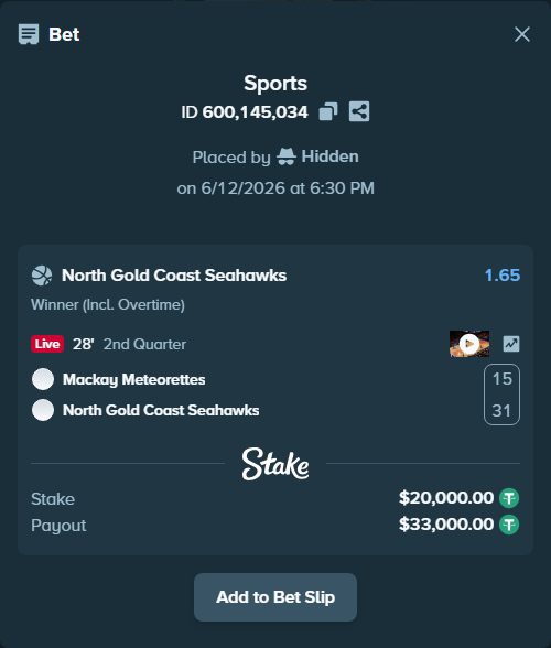 Bet slip: Mackay Meteorettes - North Gold Coast Seahawks, $20,020.00 stake at 1.65 odds, placed by Hidden