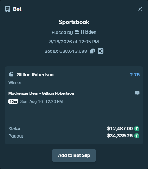 Bet slip: Mackenzie Dern - Gillian Robertson, $12,499.49 stake at 2.75 odds, placed by privetmedvet15