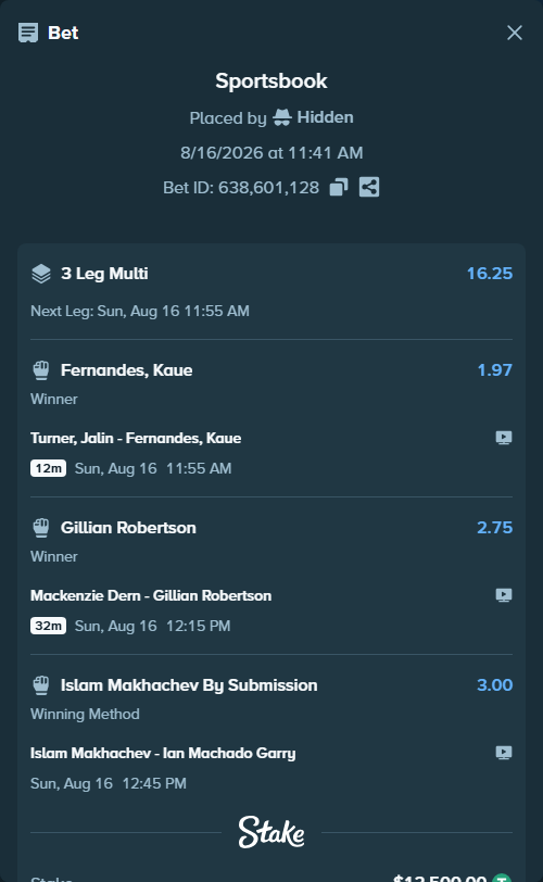 Bet slip: Mackenzie Dern - Gillian Robertson, $12,512.50 stake at 2.75 odds, placed by Hidden