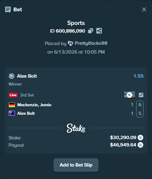 Bet slip: Mackenzie, Jamie - Alex Bolt, $32,798.04 stake at 1.55 odds, placed by Prettylfacko98