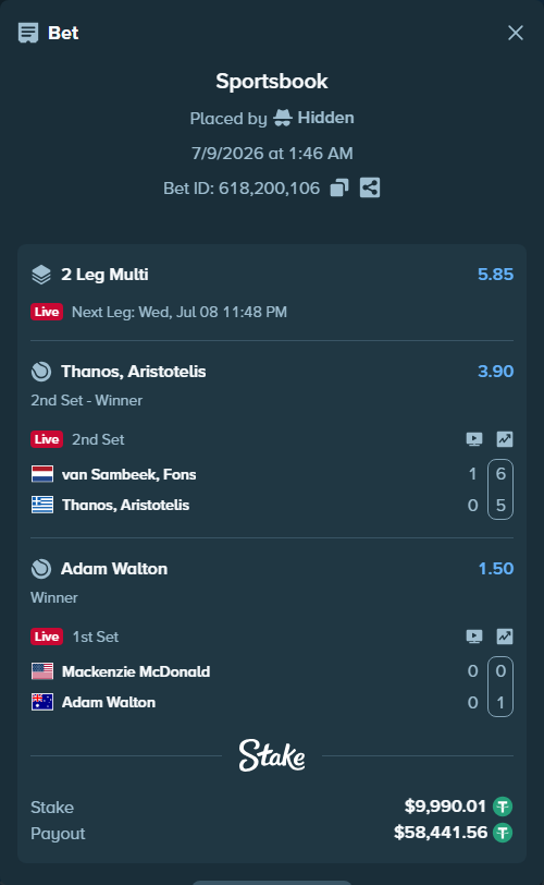 Bet slip: Mackenzie McDonald - Adam Walton, $10,000.00 stake at 1.50 odds, placed by Hidden
