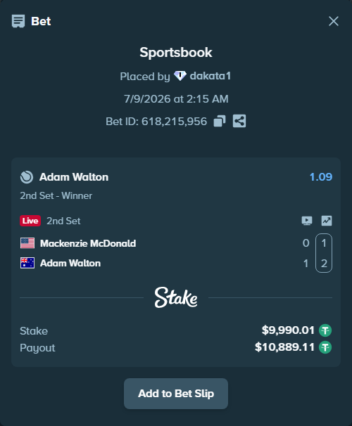 Bet slip: Mackenzie McDonald - Adam Walton, $10,000.00 stake at 1.09 odds, placed by dakata1