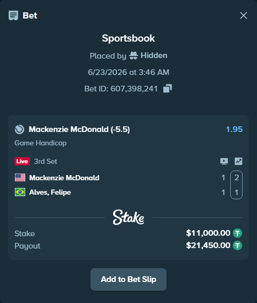 Bet slip: Mackenzie McDonald - Meligeni Alves, Felipe, $11,011.00 stake at 1.95 odds, placed by Hidden