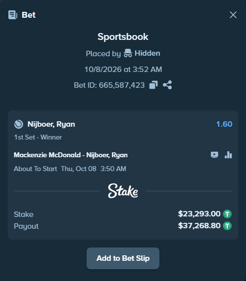 Bet slip: Mackenzie McDonald - Nijboer, Ryan, $23,290.67 stake at 1.60 odds, placed by itsreezyy