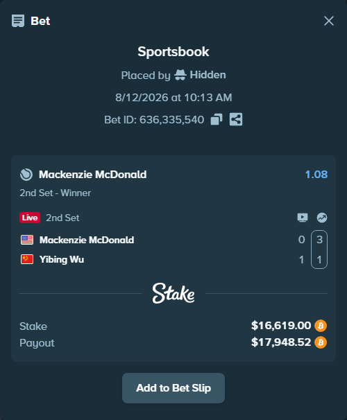 Bet slip: Mackenzie McDonald - Yibing Wu, $16,654.58 stake at 1.08 odds, placed by Hidden