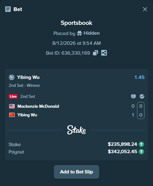 Bet slip: Mackenzie McDonald - Yibing Wu, $236,134.14 stake at 1.45 odds, placed by Hidden