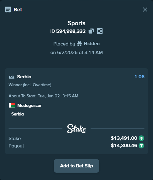 Bet slip: Madagascar - Serbia, $13,504.49 stake at 1.06 odds, placed by Hidden