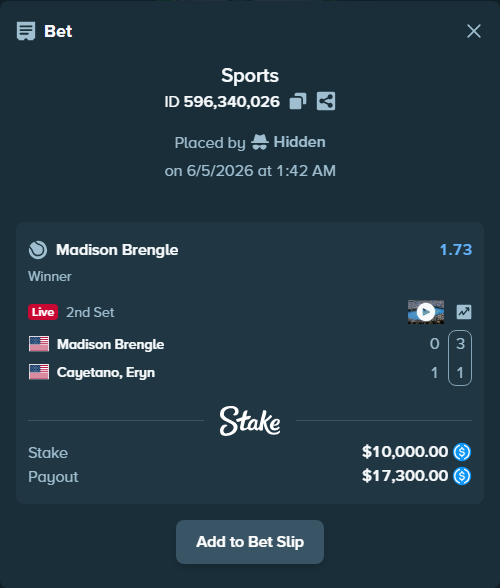 Bet slip: Madison Brengle - Cayetano, Eryn, $10,000.00 stake at 1.73 odds, placed by Hidden
