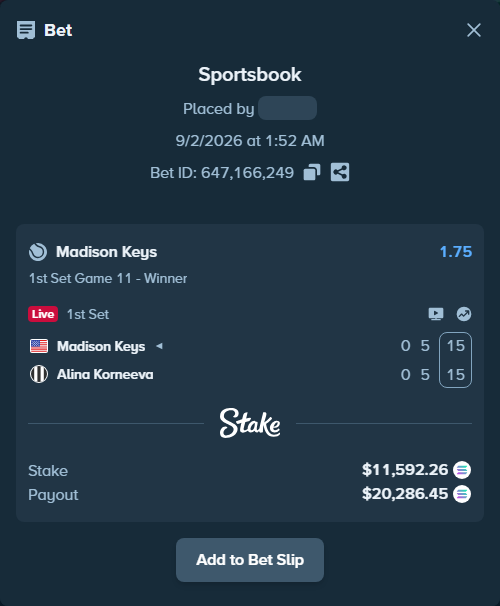 Bet slip: Madison Keys - Alina Korneeva, $11,472.70 stake at 1.75 odds, placed by Prettylfacko98