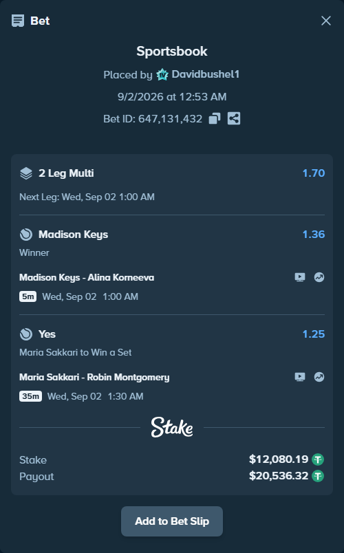 Bet slip: Madison Keys - Alina Korneeva, $12,080.19 stake at 1.36 odds, placed by Davidbushel1
