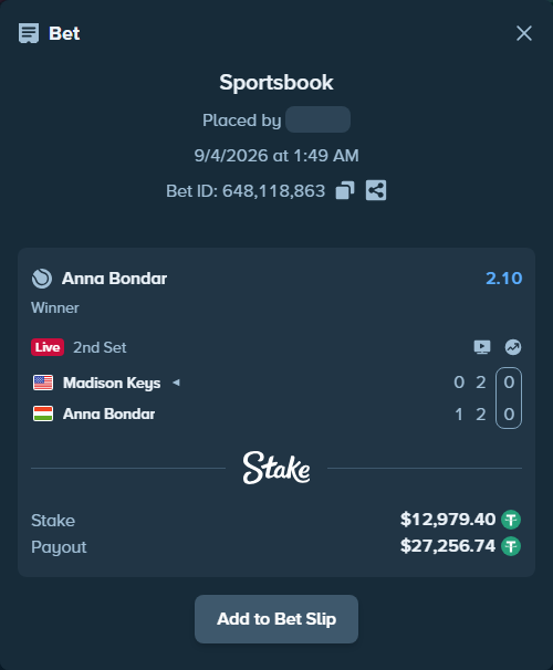 Bet slip: Madison Keys - Anna Bondar, $12,979.40 stake at 2.10 odds, placed by N1kolayts