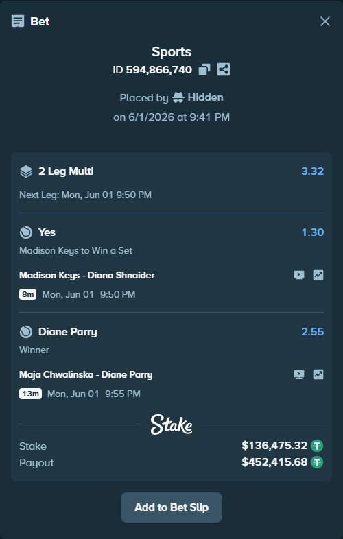 Bet slip: Madison Keys - Diana Shnaider, $136,611.79 stake at 1.30 odds, placed by Hidden