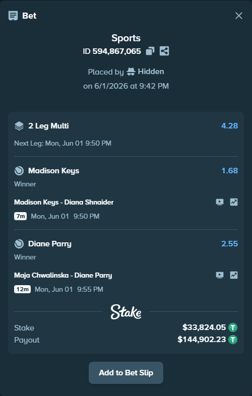 Bet slip: Madison Keys - Diana Shnaider, $33,857.87 stake at 1.68 odds, placed by Hidden