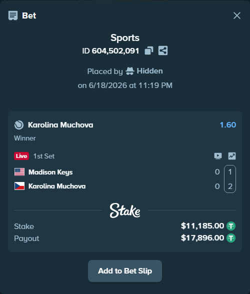 Bet slip: Madison Keys - Karolina Muchova, $11,196.18 stake at 1.60 odds, placed by Hidden