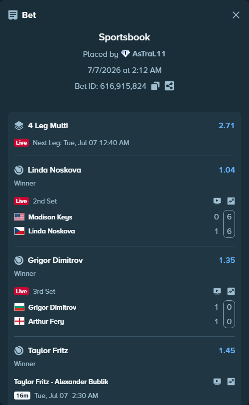 Bet slip: Madison Keys - Linda Noskova, $20,020.00 stake at 1.04 odds, placed by AsTraL11