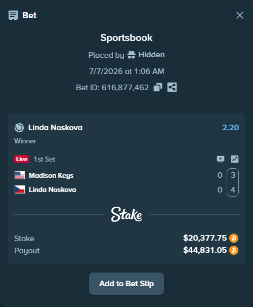Bet slip: Madison Keys - Linda Noskova, $20,780.39 stake at 2.20 odds, placed by Hidden