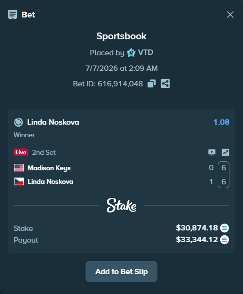 Bet slip: Madison Keys - Linda Noskova, $30,995.36 stake at 1.08 odds, placed by VTD