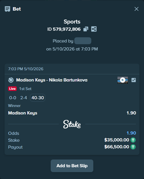 Bet slip: Madison Keys - Nikola Bartunkova, $35,000.00 stake at 1.90 odds, placed by Horodek95