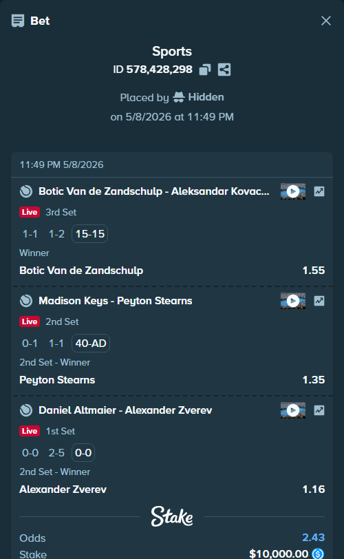 Bet slip: Madison Keys - Peyton Stearns, $10,000.00 stake at 1.35 odds, placed by Hidden
