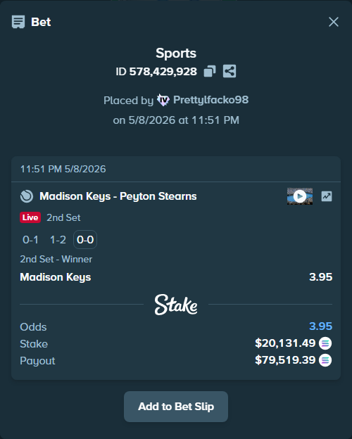 Bet slip: Madison Keys - Peyton Stearns, $16,606.35 stake at 3.95 odds, placed by Prettylfacko98