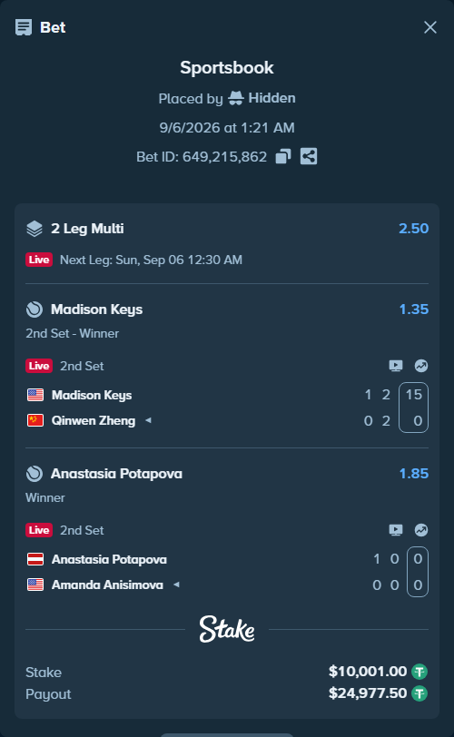 Bet slip: Madison Keys - Qinwen Zheng, $10,000.00 stake at 1.35 odds, placed by Hidden