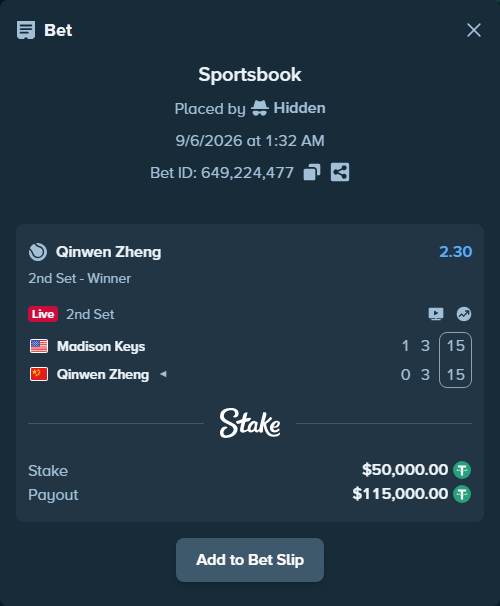 Bet slip: Madison Keys - Qinwen Zheng, $49,995.00 stake at 2.30 odds, placed by Hidden