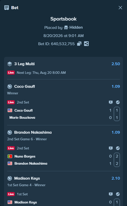 Bet slip: Madison Keys - Xiyu Wang, $10,000.00 stake at 2.10 odds, placed by Hidden