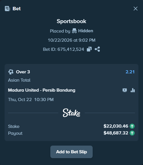 Bet slip: Madura United - Persib Bandung, $22,052.49 stake at 2.21 odds, placed by Hidden