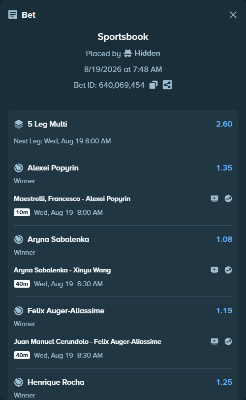 Bet slip: Maestrelli, Francesco - Alexei Popyrin, $20,000.00 stake at 1.35 odds, placed by Hidden
