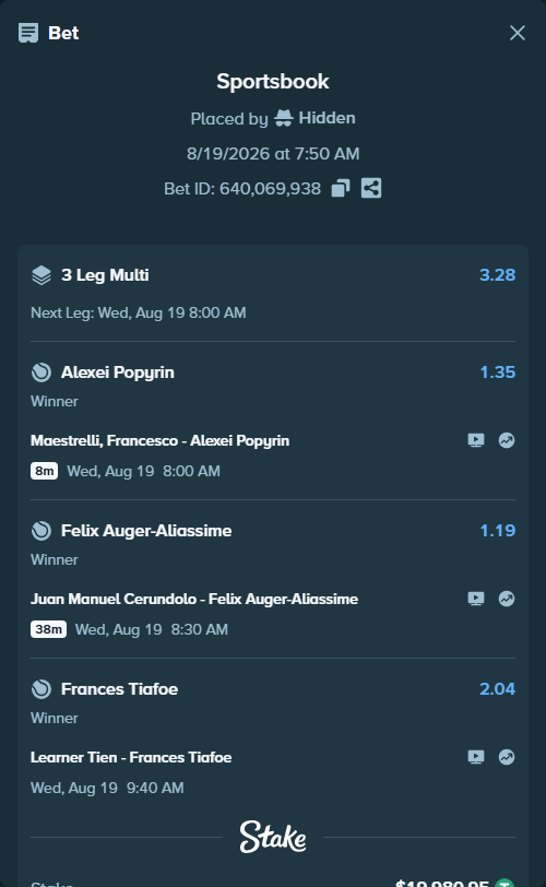 Bet slip: Maestrelli, Francesco - Alexei Popyrin, $20,000.93 stake at 1.35 odds, placed by Hidden