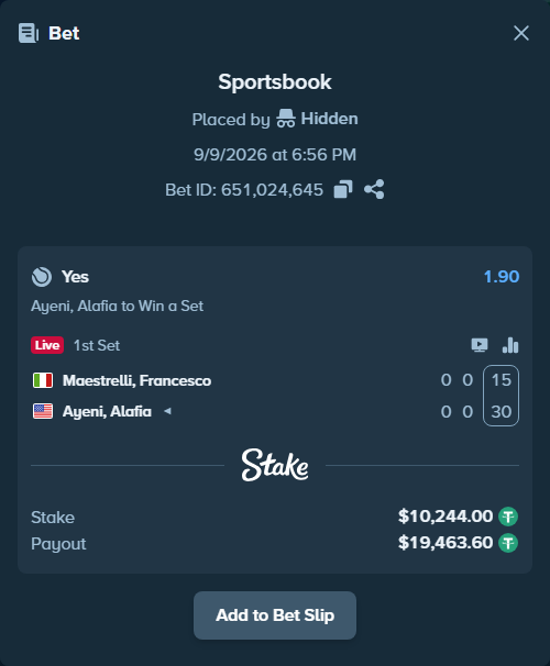 Bet slip: Maestrelli, Francesco - Ayeni, Alafia, $10,244.00 stake at 1.90 odds, placed by Hidden