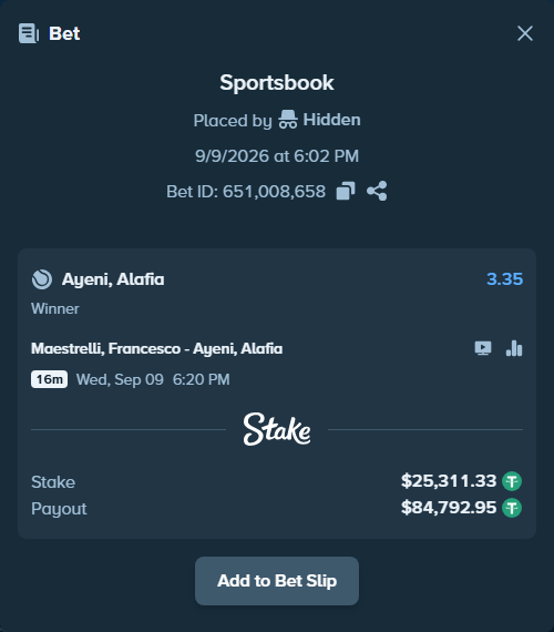 Bet slip: Maestrelli, Francesco - Ayeni, Alafia, $25,311.33 stake at 3.35 odds, placed by Hidden