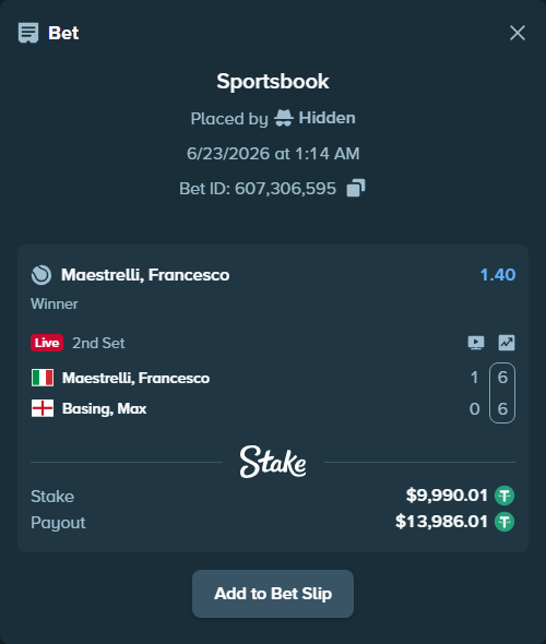 Bet slip: Maestrelli, Francesco - Basing, Max, $10,000.00 stake at 1.40 odds, placed by Hidden