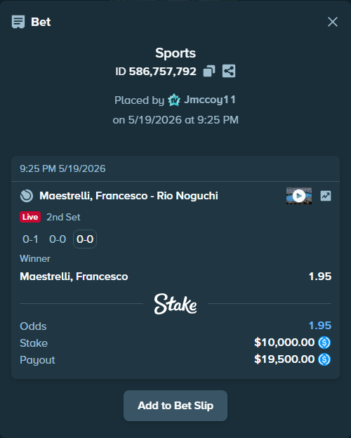 Bet slip: Maestrelli, Francesco - Rio Noguchi, $10,000.00 stake at 1.95 odds, placed by Jmccoy11