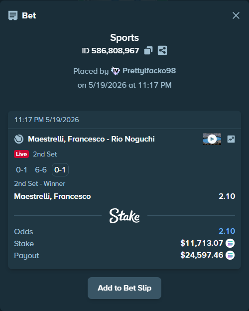 Bet slip: Maestrelli, Francesco - Rio Noguchi, $10,149.05 stake at 2.10 odds, placed by Prettylfacko98
