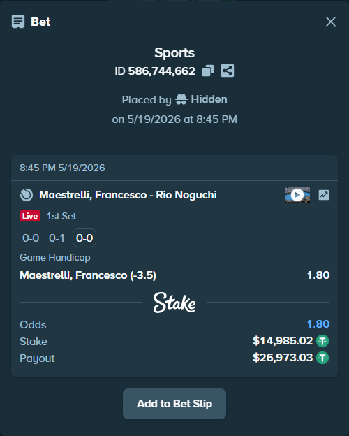 Bet slip: Maestrelli, Francesco - Rio Noguchi, $15,000.00 stake at 1.80 odds, placed by Hidden