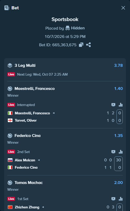 Bet slip: Maestrelli, Francesco - Tarvet, Oliver, $18,310.00 stake at 1.40 odds, placed by Hidden